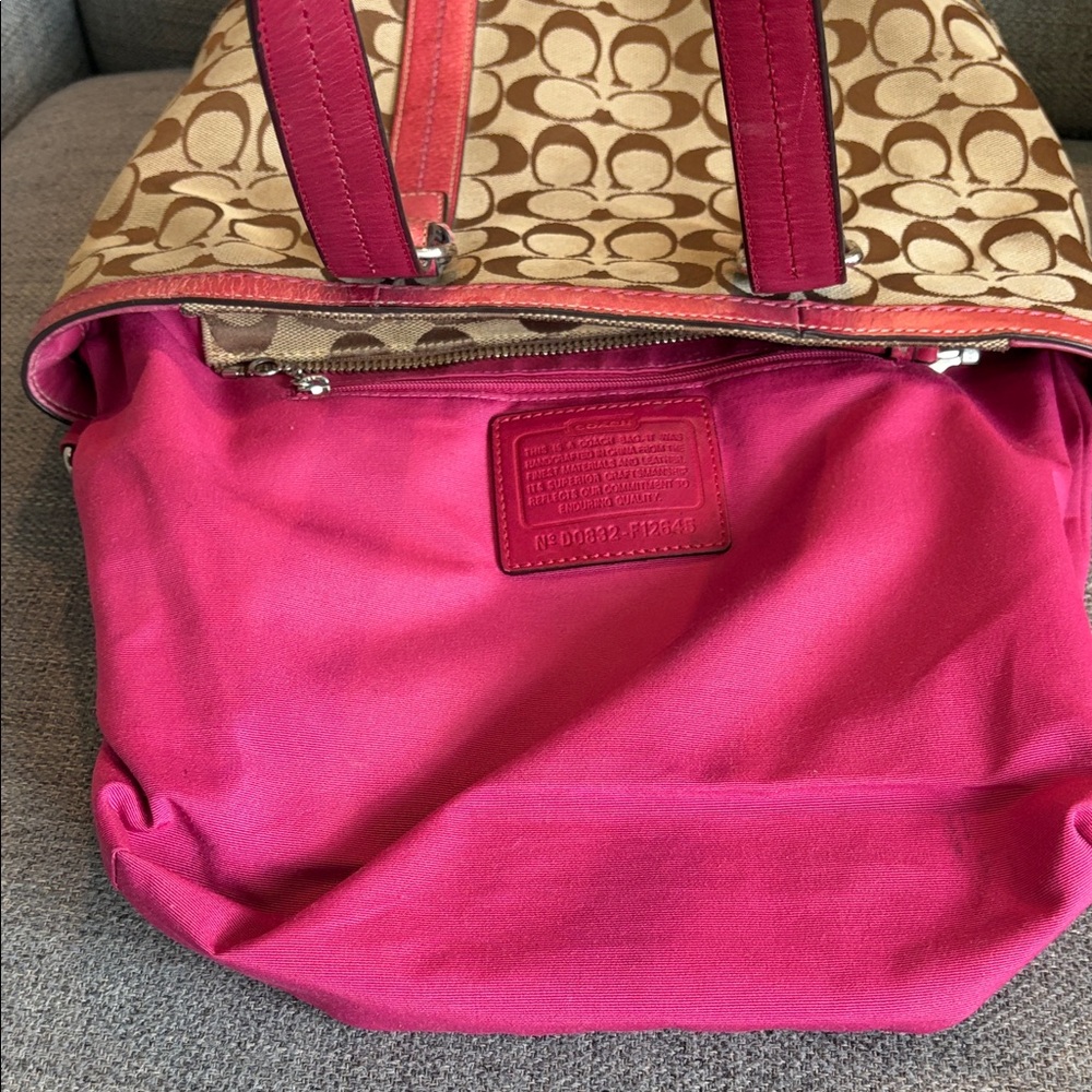 Coach Brown Signature Canvas Tote with Pink Trim - Picture 11 of 15